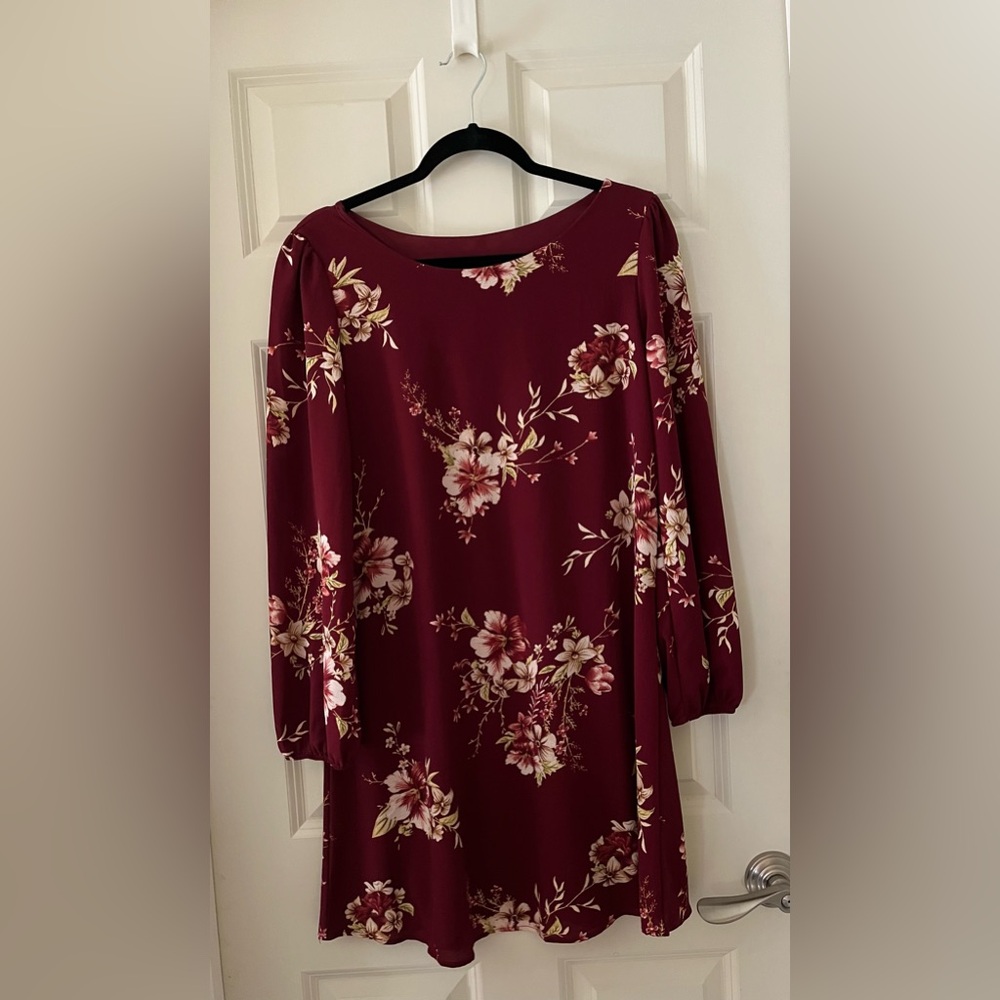 Women’s Love Kuza Floral midi long sleeve dress maroon cream lined size M USA